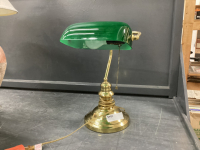 DESK LAMP W/ BRASS BASE & GREEN GLASS SHADE