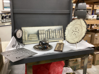 BOX W/ DECOR - METAL TRAY, SNOWMAN WELCOME(RESIN), "BOOK" PICTURE, SILVERPLATE TEA SET, CLOCK