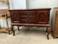 CHERRY RED COLORED SIDEBOARD W/ DECORATIVE CARVING