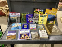 BOX OF BOOKS - ATLAS&rsquo;S,FRANK SLIDE, FAIRMONT HOT SPRINGS, SCROLL SAW PATTERN BOOK, MISC TITLES