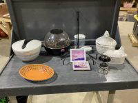 2 BOXES- POPCORN POPPER, SALAD SPINNER, METAL EASEL, PLASTIC STORAGE, DECOR ITEMS, GRAVY &ldquo;CHICKEN&rdquo; BOAT, &ldquo;CHICKEN SERVING BOWL