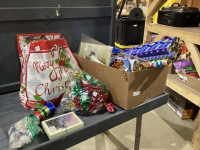 BOX + BAG OF CHRISTMAS WRAPPING, BOWS,RIBBON