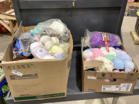 2 BOXES ASSORTED YARN, KNITTING NEEDLES