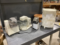 2 BOXES - SUNBEAM MIXMASTER, MOULINEX PROCESSOR, PIE HOLDERS, POPCORN POPPER, RAISED WOOD TRAY