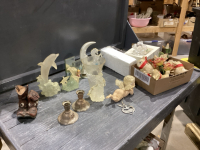 3 BOXES- DOLPHINS, CERAMIC BUNNIES, SILVERPLATE CANDLE HOLDERS