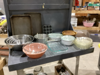 2 BOXES - STAINLESS MIXING BOWLS, 2 CORNING WARE CASSEROLES, WOOD SALAD BOWLS, BAKING SHEETS + PANS, GLASS BOWLS , PIE PLATES