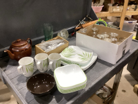 2 BOXES - CORELLE DISHES, CUTLERY, GLASSWARE, KITCHEN GADGETS, TEAPOT