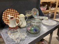 BIG PLATTER, 2 COFFEE CARAFES, BOWL, BIG MARGARITA GLASS, SERVING PLATES