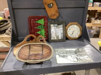 PICTURE FRAME, CLOCK, WOOD CORNER SHELF,BASKET,GLASS BOARD,TRAY