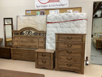 QUEEN. BEDROOM SET - HEADBOARD/FOOTBOARD, (1) SIDE TABLE, DRESSER, SERTA MATTRESS & BOX SPRING