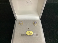 SMALL 14 KT GOLD HEART EARRINGS - BLUE STONE