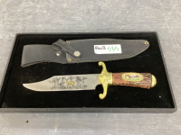 DECORATIVE KNIFE W/ DEER ENGRAVING AND LEATHER SHEATH