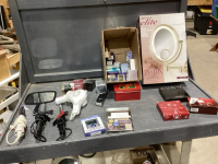 MAKE UP MIRROR, HAIR TOOLS, AVON PRODUCTS, ALARM CLOCK, AND MISC ITEMS