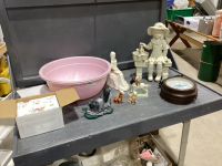 PINK PLASTIC BOWL W/YARD DECOR + BOX KNICK KNACKS, CLOCK, MINI TEA SET