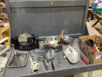 2 BOXES - HAND BLENDER, VINTAGE POT, STEAMER BASKET, SIEVE, ELECTRIC KNIFE, WAFFLE MAKER, RICER,