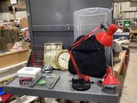GOOD TOTE W/SCALE, 2 ARM LAMPS AND 1 DESK BASE, FIRST AID KIT, BACK MASSAGER, CLOCK RADIO