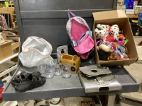 BOX WITH PURSE, BACKPACK, TOYS, SANDALS, UNDERMOUNT RADIO, PLASTIC GLASSES