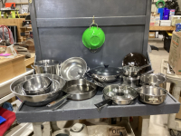 2 BOXES POTS + PANS, MIXING BOWLS, COLANDERS, POACHING INSERT