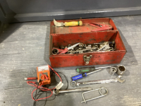 RED TOOL BOX W/ MISC TOOLS, VOLTAGE TESTER
