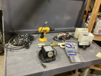 BOX W/ CORDED ANGLE GRINDER, STEERING WHEEL LOCK, HEAD LAMPS, BIT SHARPENER, MINI TOOL SET