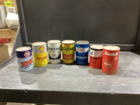 BOX W/ VARIOUS CANS OF OIL -KENDAL, CHEVRON, ESSO, ROTELLA, GULF, VALVOLINE