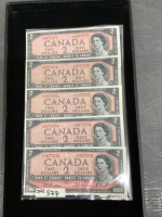 (5) CANADA $2 BILLS - 1954 IN SEQUENTIAL SERIAL NUMBERS