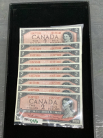 (9) CANADA $2 BILLS - 1954 IN SEQUENTIAL SERIAL NUMBERS
