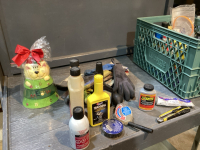 CRATE W/MISC SHOP FLUIDS, GLOVES, BARS LEAKS, EXACTO KNIFE, MISC