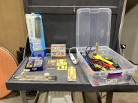 TOTE W/BATTERY MAINTAINER,OUTDOOR LIGHT, SANDERS,SCRAPERS, WIRE, TAPE MEASURES, SOME WRENCHES, ANGLE GRINDER , SCREWDRIVES, MISC