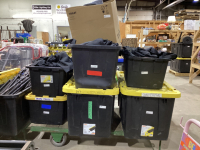 (3) XL LARGE TOTES & (3) SMALLER TOTES W/ BLACK DRAPING - LARGE AMOUNT