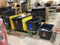 (2) XL TOTES & (2) SMALLER TOTES W/ STRUCTURE & PARTS FOR DRAPES, MISC SIGNS