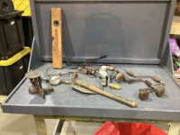 BOX W/ ANTIQUE TOOLS - HAND DRILLS, SHOE CORN STRETCHER,MEAT GRINDER, WOOD LEVEL