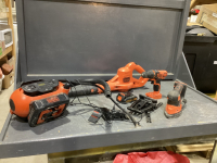 B&D 20 V RECHARGEABLE TOOLS - BLOWER, DRILL, SANDER, AIR COMPRESSOR - ONE BATTERY