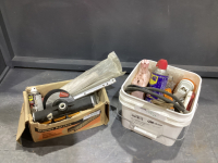 BUCKET & BOX W/ MISC SHOP ITEMS