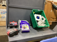 TOTE W/ MISC SUPPLIES - WALL PLATES, KNEE PADS, RESPIRATORS