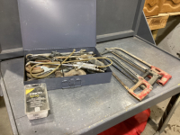METAL BOX W/ MISC TOOLS - SAWS, WASHER PUMP, AIR HOSE BLOWER, HOOKS, WRENCHES