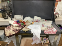 BOX OF CROCHETED, HAND EMBROIDERED DOILIES, VINTAGE MATS, QUILTED TABLE RUNNER, MACHINE LACED TABLECLOTH