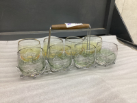 VINTAGE DRINKING GLASSES ON METAL CADDY - (8) GLASSES