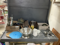 (2) BOXES MISC HOUSEHOLD ITEMS - BASKETS, SIEVE, SAFETY GLASSES, ICE CLEATS