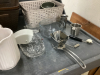 (2) BOXES MISC HOUSEHOLD ITEMS - BASKETS, SIEVE, SAFETY GLASSES, ICE CLEATS - 2
