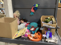 2 BOXES OF TOYS - DOLLS, KIDS BOOKS, ETC