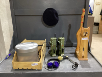 WOOD CRATE W/SMALL PAPER SHREDDER, WALKIE TALKIES, MICROPHONE, EARPHONES