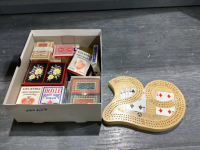 CRIB BOARD AND LOTS OF PLAYING CARDS