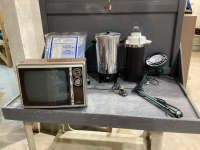 COFFEE URN,CARAFE, SMALL B+W TV, STORAGE BAG