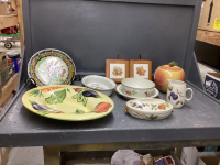 BOX W/ MISC STONEWARE DISHES, MCCOY COOKIE JAR - FRUIT DESIGNS