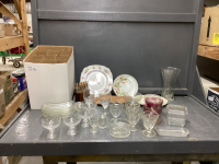 (2) BOXES W/ GLASSWARE - CRYSTAL STEMWARE, PLATES, SUNDAE CUPS, BANANA SPLIT BOWLS, ETC