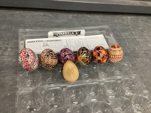 (6) UKRAINIAN EGGS & (1) WOOD EGG