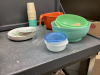 LARGE BOX OF PLASTICWARE - BOWLS,, CUPS,STORAGE CONTAINERS, DISH DRYING RACK - 2