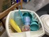 LARGE BOX OF PLASTICWARE - BOWLS,, CUPS,STORAGE CONTAINERS, DISH DRYING RACK - 3