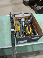 Box of miscellaneous hand, tools, plus garden spikes, and hanger